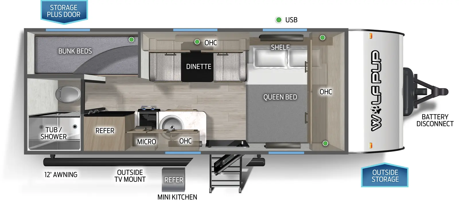 The Wolf Pup 16BHSW floorplan has one entry and zero slide outs. Exterior features include: metal exterior, 12' awning and outside kitchen. Interiors features include: bunk beds and front bedroom.